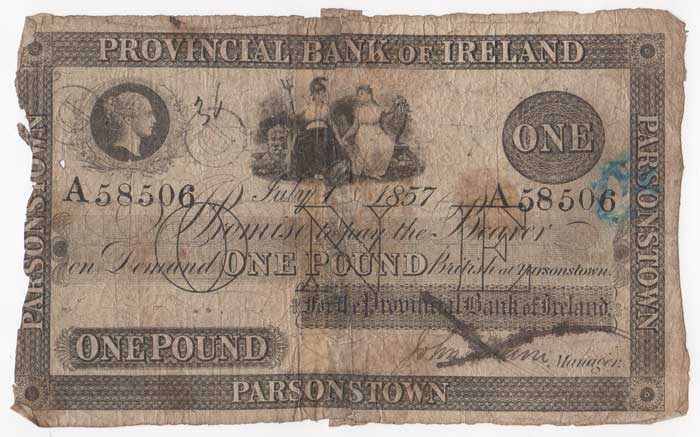 Provincial Bank of Ireland. Parsonstown (now Birr). One Pound. July 1 1857 at Whyte's Auctions