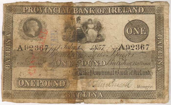 Provincial Bank of Ireland. Ballina. One Pound. July 1 1857 at Whyte's Auctions