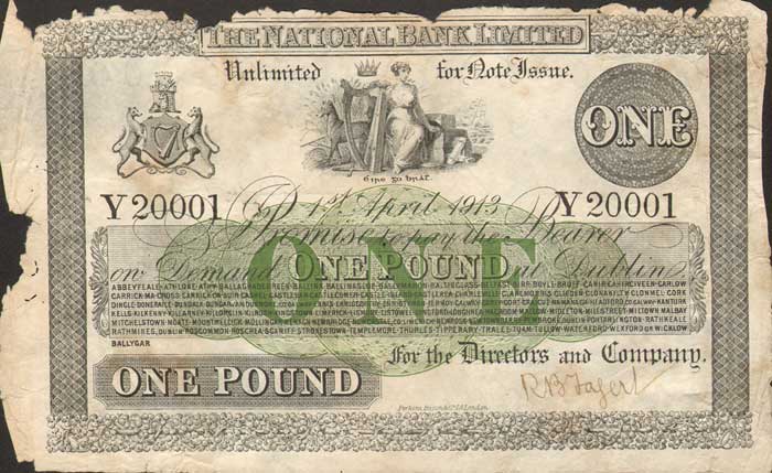 The National Bank. Dublin One Pound. 1-April-1913 at Whyte's Auctions