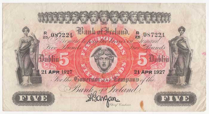 Bank of Ireland. Dublin. Five Pounds. 21-APR-1927 at Whyte's Auctions