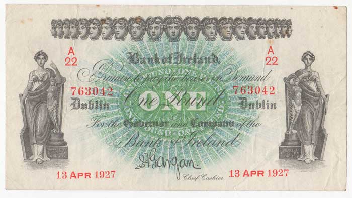 Bank of Ireland. Dublin. One Pound. 13-APR-1927 at Whyte's Auctions