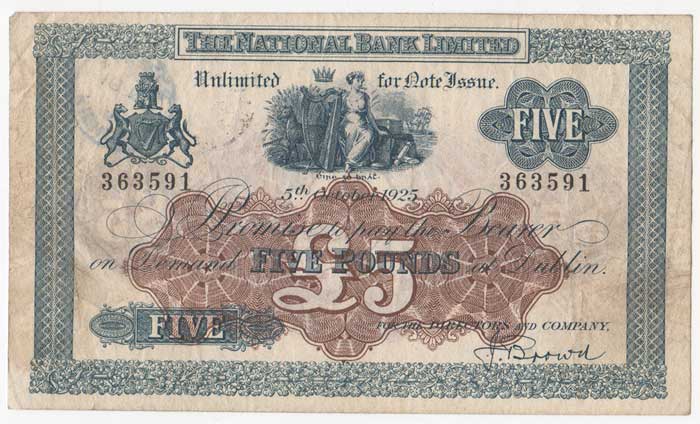 National Bank. Dublin. Five Pounds. 5-October-1925 at Whyte's Auctions