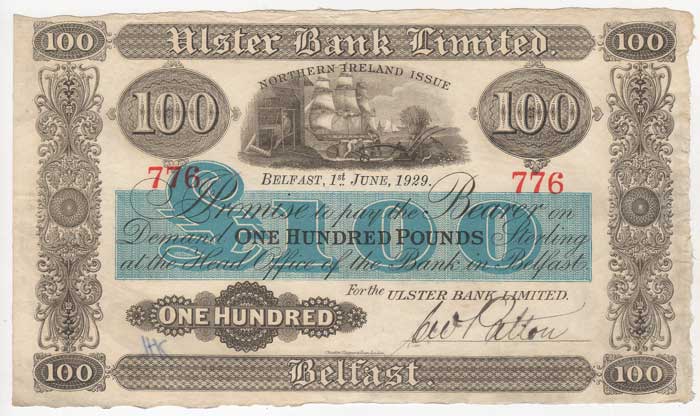 Northern Ireland. Ulster Bank. One Hundred Pounds. 1-June-1929 at Whyte's Auctions