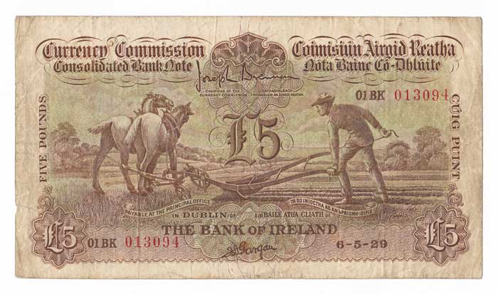 Consolidated Banknote, "Ploughman". Bank of Ireland. Five Pounds. 6-5-29 at Whyte's Auctions