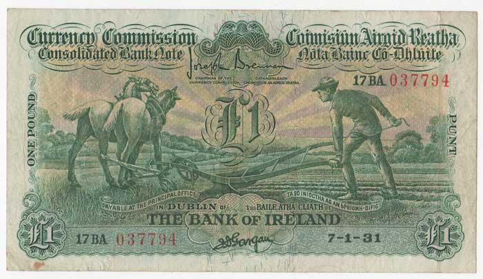 Consolidated Banknote, "Ploughman". Bank of Ireland. One Pound. 7-1-31 at Whyte's Auctions