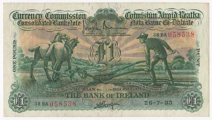 Consolidated Banknote, "Ploughman". Bank of Ireland. One Pound. 26-7-33 at Whyte's Auctions