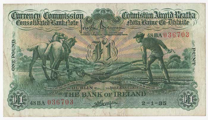Consolidated Banknote, "Ploughman". Bank of Ireland. One Pound. 2-1-35 at Whyte's Auctions