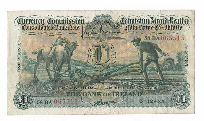 Consolidated Banknote. "Ploughman". Bank of Ireland One Pound. 5-12-35 at Whyte's Auctions
