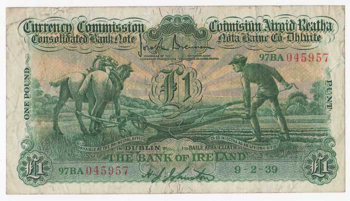 Consolidated Banknote, "Ploughman". Bank of Ireland. One Pound. 9-2-39 at Whyte's Auctions
