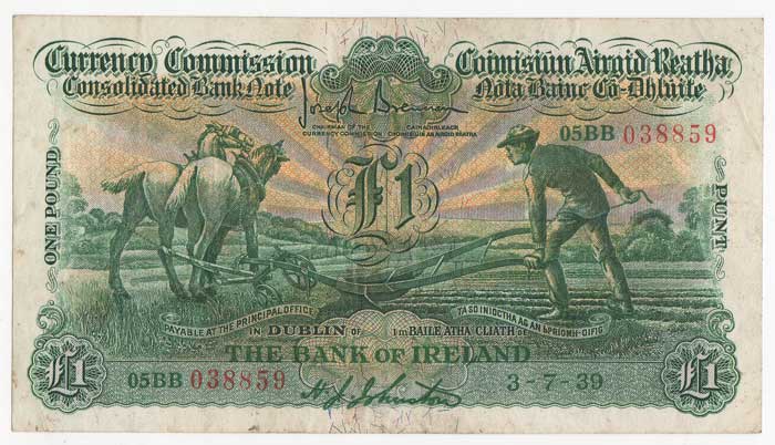 Consolidated Banknote, "Ploughman". Bank of Ireland. One Pound. 3-7-39 at Whyte's Auctions
