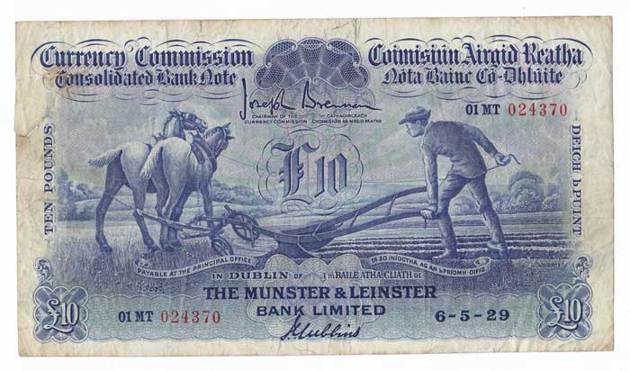 Consolidated Banknote, "Ploughman". Munster and Leinster. Ten Pounds. 6-5-29 at Whyte's Auctions