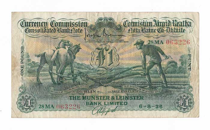 Consolidated Banknote. "Ploughman". Munster & Leinster Bank. One Pound. 6-8-36 at Whyte's Auctions