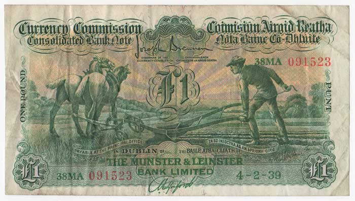 Consolidated Banknote, "Ploughman". Munster and Leinster. One Pound. 4-2-39 at Whyte's Auctions