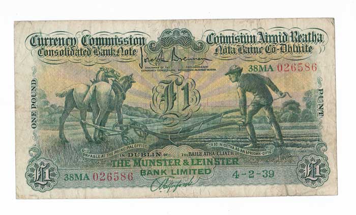 Consolidated Banknote. "Ploughman". Munster & Leinster Bank One Pound. 4-2-39 at Whyte's Auctions