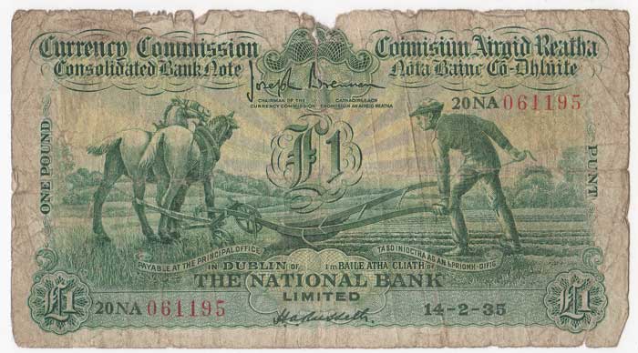 Consolidated Banknote, "Ploughman". National Bank. One Pound. 14-2-35 at Whyte's Auctions