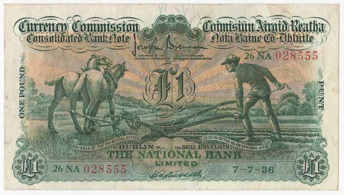 Consolidated Banknote, "Ploughman". National Bank. One Pound. 7-7-36 at Whyte's Auctions
