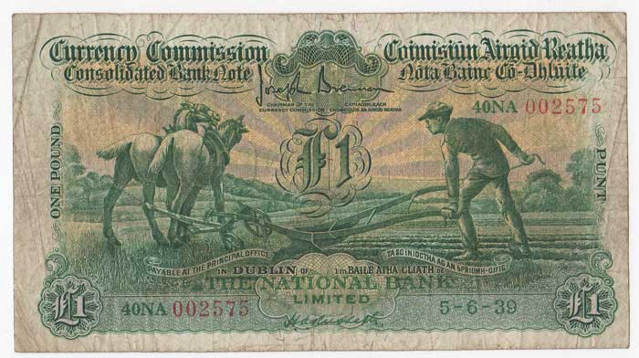 Consolidated Banknote, "Ploughman". National Bank. One Pound. 5-6-39 at Whyte's Auctions