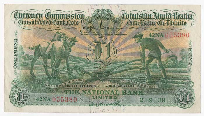 Consolidated Banknote, "Ploughman". National Bank. One Pound. 2-9-39 at Whyte's Auctions