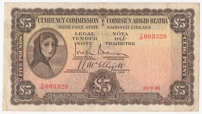 Currency Commission. Irish Free State. Five Pounds. 10-9-28 at Whyte's Auctions