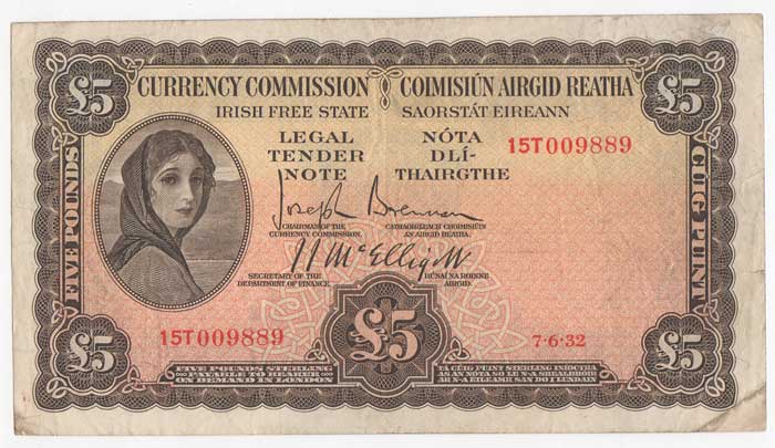 Currency Commission. Irish Free State. Five Pounds. 7-6-32 at Whyte's Auctions