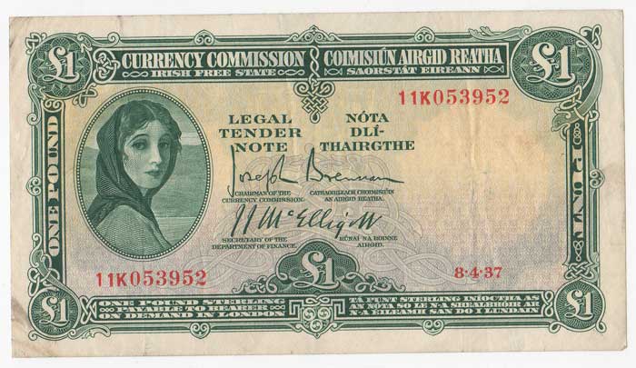 Currency Commission. Irish Free State. One Pound. 8-4-37 at Whyte's Auctions
