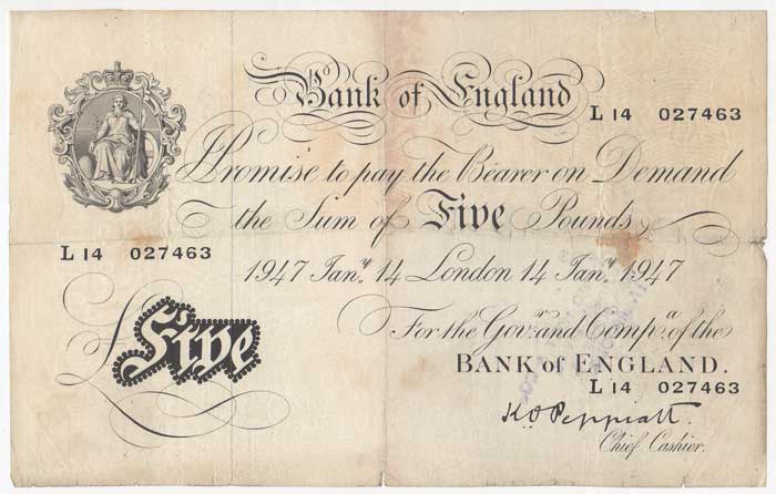 UK. Bank of Engand. Five Pounds. at Whyte's Auctions