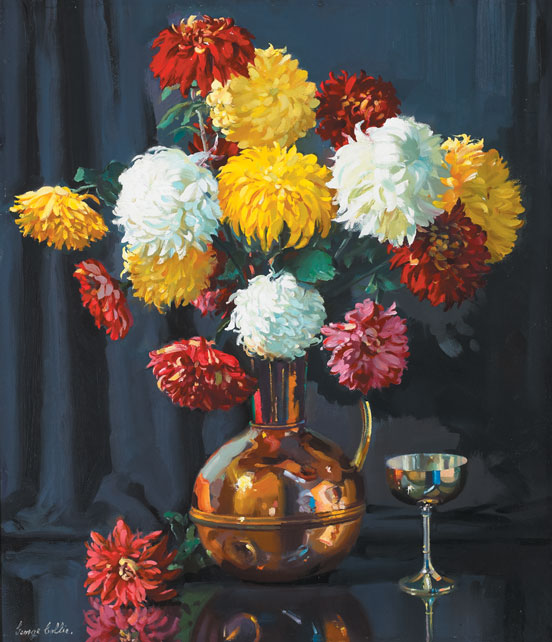 STILL LIFE WITH CHRYSANTHEMUMS AND SILVER CUP by George Collie RHA (1904-1975) RHA (1904-1975) at Whyte's Auctions