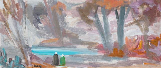 TWO SHAWLIES BY A TREE LINED SHORE by Markey Robinson (1918-1999) (1918-1999) at Whyte's Auctions