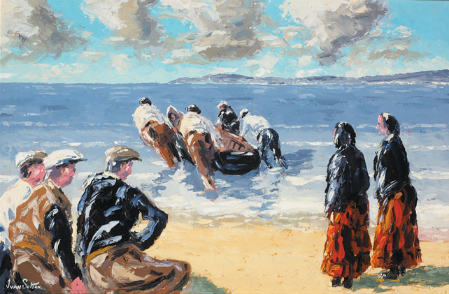 CURRACH LAUNCH, INIS OIRR, COUNTY GALWAY by Ivan Sutton (1944) at Whyte's Auctions
