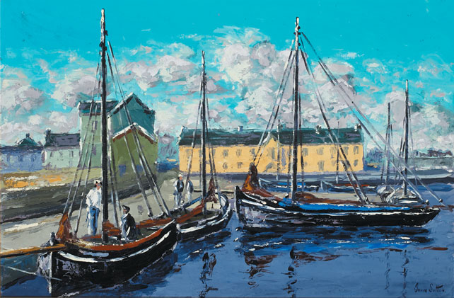 GALWAY HOOKERS BERTHED AT KINVARA HARBOUR COUNTY GALWAY by Ivan Sutton (b.1944) at Whyte's Auctions