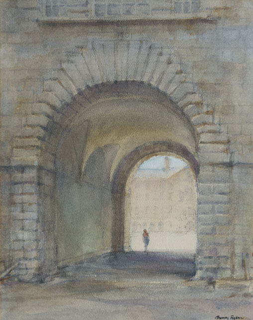 ARCHWAY THROUGH TO A COURTYARD by Thomas Ryan PPRHA (b.1929) at Whyte's Auctions