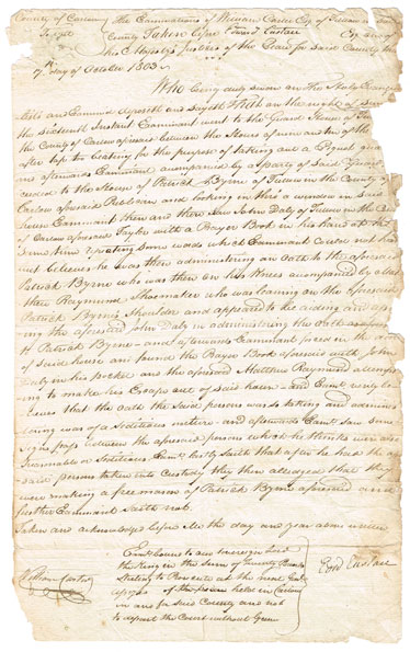 1803 (17 October) Carlow affidavit of evidence relating to secret society oath "of a seditious nature" at Whyte's Auctions