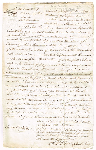 1820: Dublin bank failure compensation claim document at Whyte's Auctions