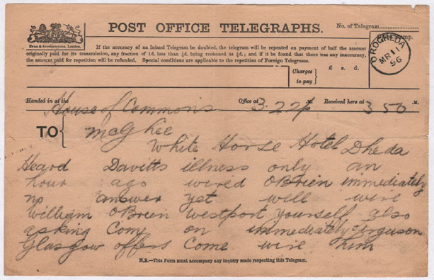 1896: Irish Parliamentary Party telegrams sent to Richard McGhee M.P. at Whyte's Auctions