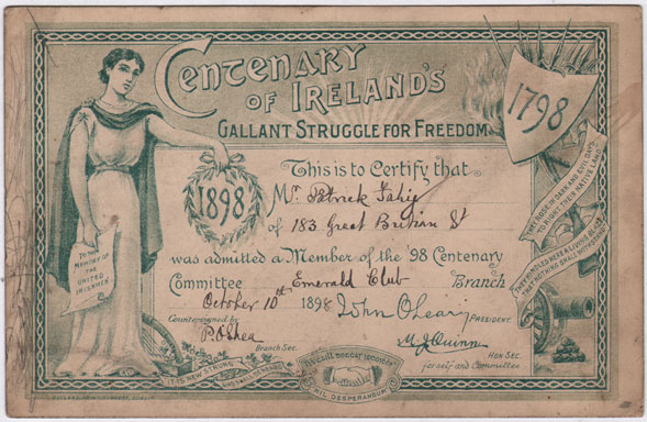 1898 (10 October) 1798 Rebellion centenary committee membership card at Whyte's Auctions