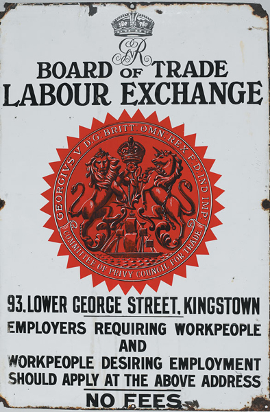 1910-21: Kingstown (Dn Laoghaire) labour exchange enamel sign at Whyte's Auctions