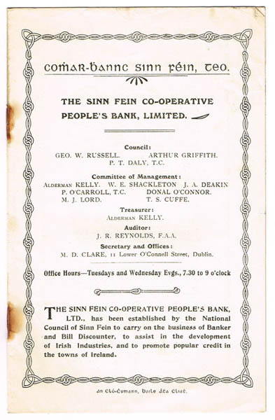 circa 1908: Sinn Fein Co-operative People's Bank prospectus and rules at Whyte's Auctions