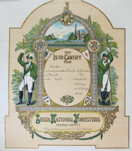 circa 1910: Irish National Foresters decorative membership certificate at Whyte's Auctions