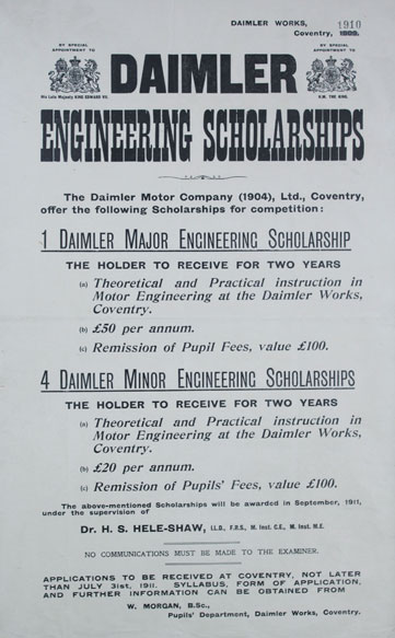 1910: Daimler Motor Company scholarships poster at Whyte's Auctions