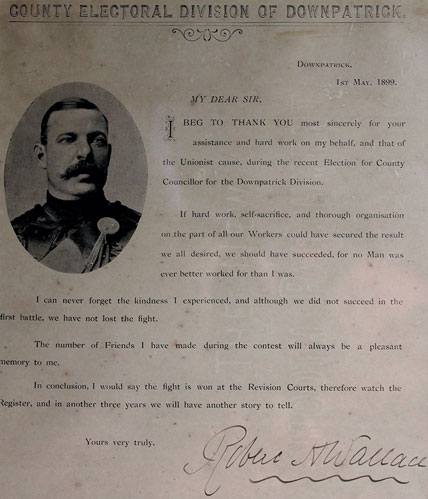 1899 (1 May) Colonel Robert H. Wallace Downpatrick electoral letter of thanks at Whyte's Auctions