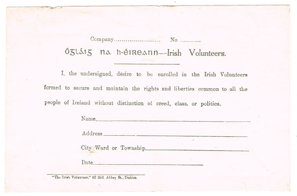 circa 1914 Irish Volunteers application for enrolment form at Whyte's Auctions