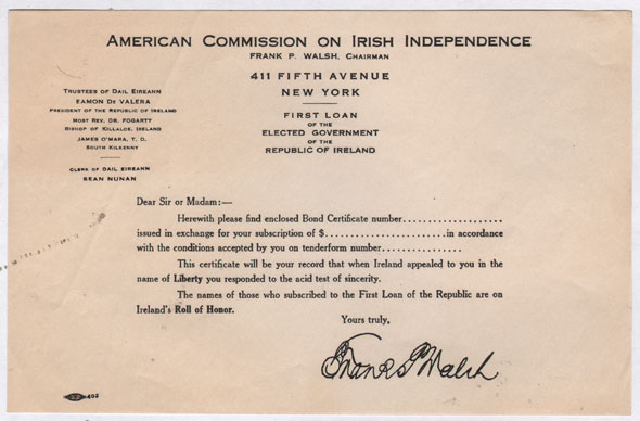 1920: Republic of Ireland 'De Valera Bond' documents including issuing letter at Whyte's Auctions