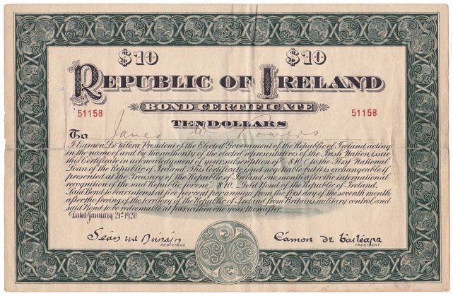 1920 (21 January) Republic of Ireland Ten Dollars Bond issued by Eamon de Valera  1920 (21 January) Republic of Ireland Ten Dollars Bond issued by Eamon de Valera as President of Dail Eireann. at Whyte's Auctions
