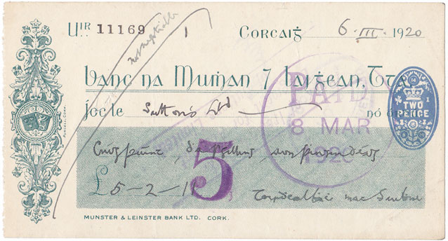 1920 (6 March) Terence MacSwiney signed cheque at Whyte's Auctions