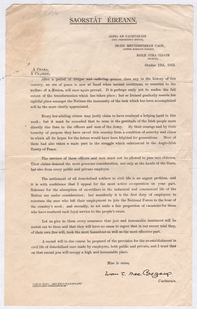 1923 (12 October) W T Cosgrave printed letter regarding the employment of demobilised National Army soldiers at Whyte's Auctions
