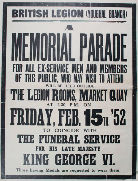 1952 (15 February) British Legion Youghal, memorial parade poster at Whyte's Auctions