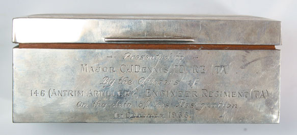 1966 (1 October) Antrim Artillery Corps Engineer Regiment presentation cigarette box at Whyte's Auctions