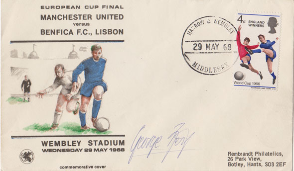 Football: 1968 (29 May) philatelic commemorative envelope for the European Cup Final, Manchester United versus Benfica FC Lisbon, autographed by George Best at Whyte's Auctions