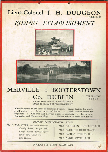 Showjumping. circa 1940: Merville Booterstown Horse Riding Establishment advertisement and fees pamphlet at Whyte's Auctions