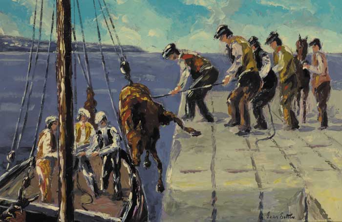 LOADING HORSES AT INIS MAAN PIER, ARAN ISLANDS, COUNTY GALWAY by Ivan Sutton (b.1944) (b.1944) at Whyte's Auctions